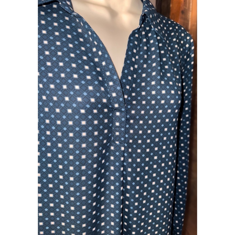 Elle Womens Navy Blue Geometric Square Print Long Sleeve V-Neck Blouse Medium